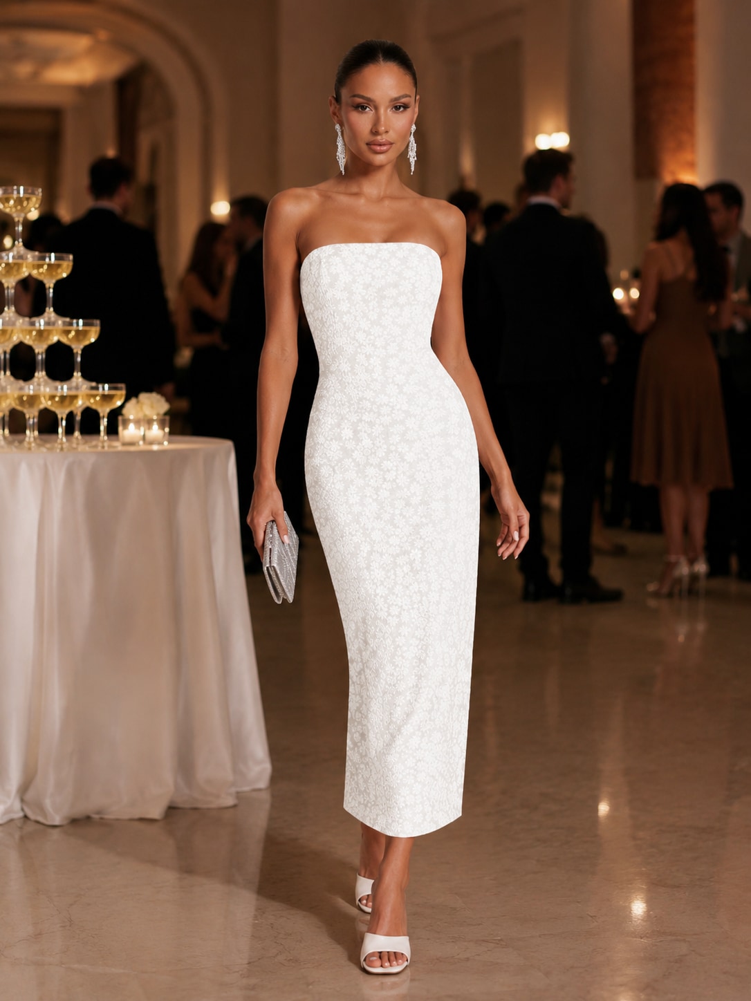 White Strapless Floral Lace Bodycon Midi Dress for Wedding Guest